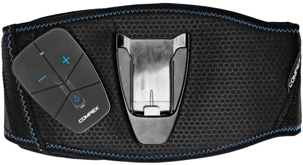 Black Compex CoreBelt 5.0 muscle stimulation belt with a fine honeycomb pattern and blue zigzag stitching. On the left is a detachable black control unit with blue plus, minus and power symbols. For strengthening the abdomen and back.