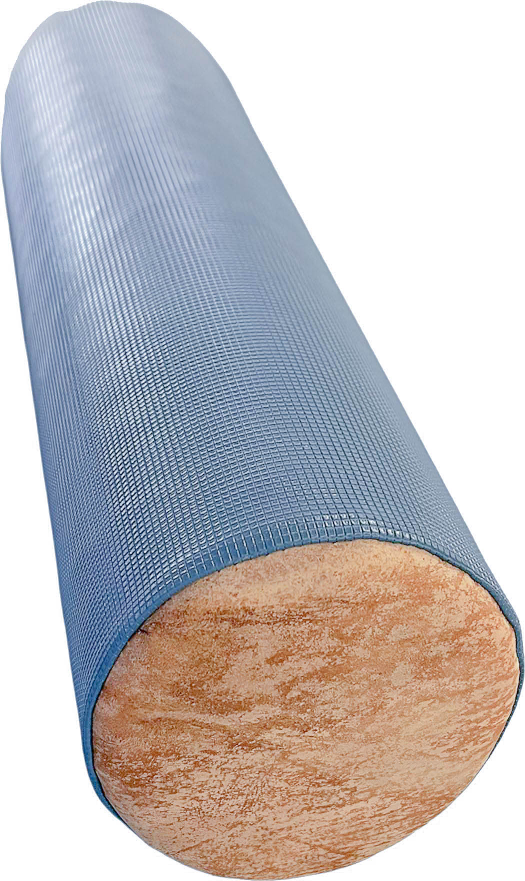 Cylindrical knee and neck roll with a vintage look, designed for lying down. Upholstered in light blue, finely textured gym mat fabric. The visible round side features a light brown leather accent that emphasises the vintage style.