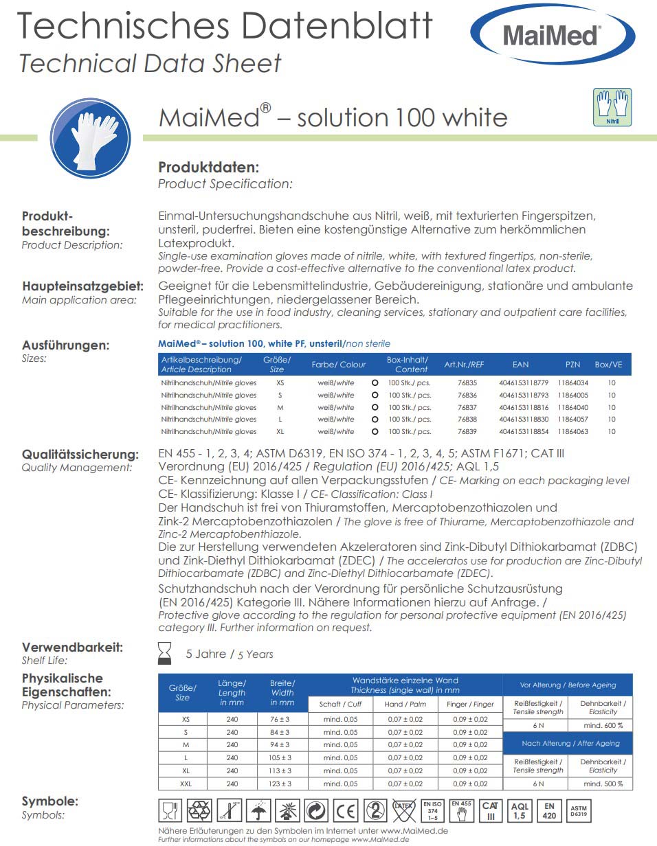 Datenblatt der MaiMed Nitril-Einmalhandschuhe solution 100 white. Es beschreibt Produktdetails, Anwendungsbereiche, alle Grössen, Qualitätsnormen sowie physikalische Eigenschaften wie Materialstärke, Reissfestigkeit und weitere Symbole.