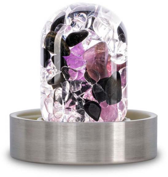 Transparent glass gemstone insert, filled with cut rock crystals, purple amethysts and pink rose quartz. Set in a brushed stainless steel base, for energising water in the VitaJuwel ViA drinking bottle.