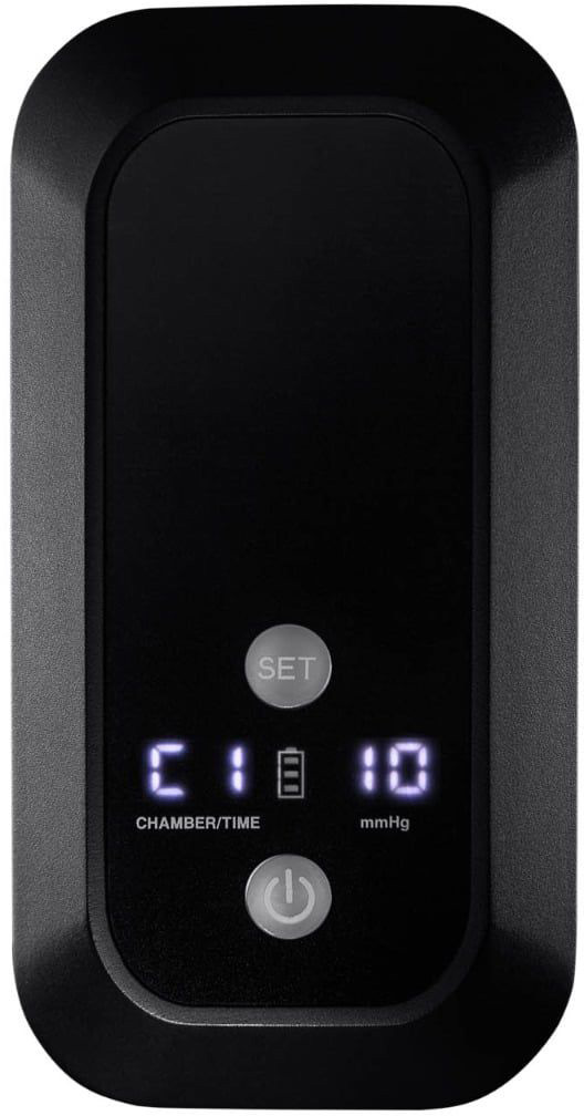 Control unit for the Compex Ayre compression boots. Black, rectangular device with a central display and illuminated indicators for chamber/time (‘C 1’), battery status and pressure (‘10 mmHg’). Set button and on/off switch.