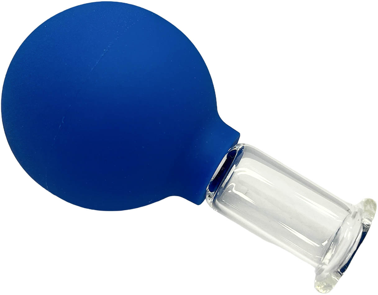 Ventouse ronde en silicone bleu vif fixée à un cylindre en acrylique transparent, rétréci vers le bas, avec rebord arrondi et bordure blanche en biais.