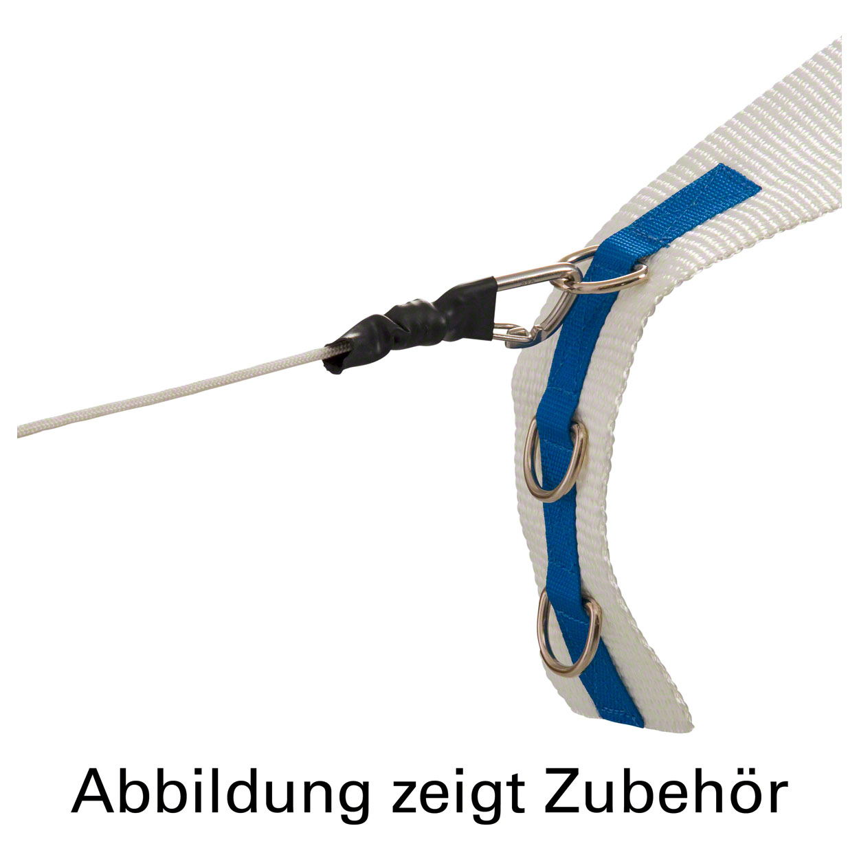 Close-up view of a white rope-pull strap with a blue stripe and two silver metal eyelets. A carabiner attached to the top eyelet connects the strap to a grey rope, the end of which is wrapped in black.
