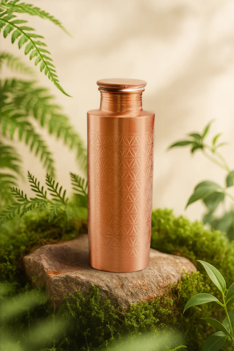 Eine elegante, zylindrische Kupferflasche mit detailreichem, geprägtem Blume des Lebens-Muster. Sie steht mittig auf grauem Naturstein, umgeben von saftig grünem Moos und filigranen Farnblättern, was harmonische Natürlichkeit verleiht.