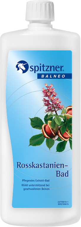 Flacon blanc « Spitzner » Balneo, bain au marron d'Inde avec une étiquette bleue. On y voit des branches de marronnier d'Inde en fleurs, avec des fleurs roses, des feuilles vertes et des marrons ouverts. Bain nourrissant à base d'extraits.