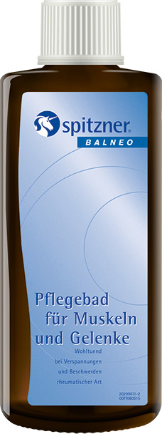 Flacon marron avec bouchon à vis blanc, contenant le bain de soin Balneo « Spitzner ». Étiquette bleue avec logo « Spitzner » et texte «Bain de soin pour les muscles et les articulations». Apaisant en cas de tensions et troubles rhumatismaux.