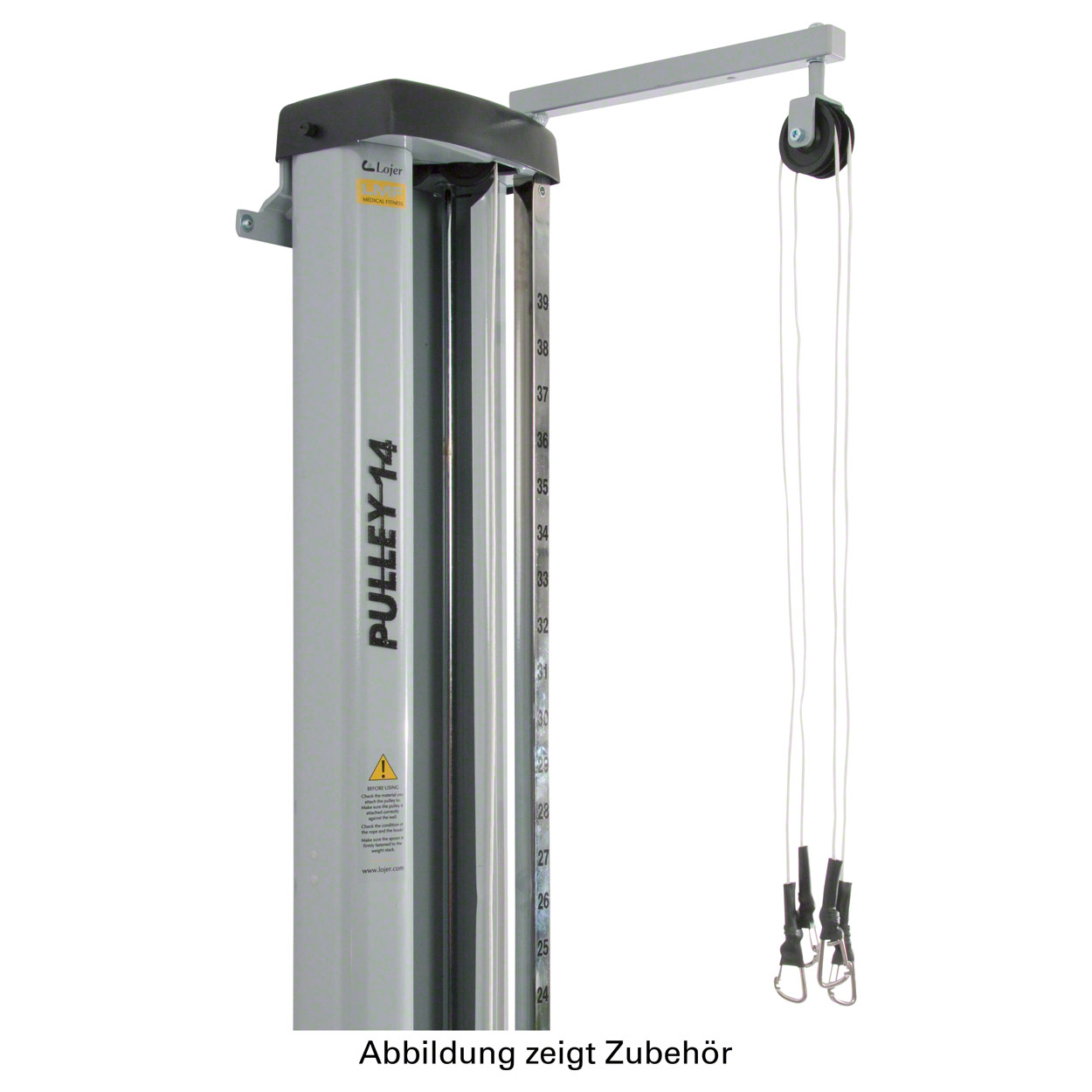 A grey ‘ Lojer ’ Pulley 14 training column with height markings on the sides and a horizontal arm at the top. White pull ropes with black handles and snap hooks hang down from the black pulley for vertical training.
