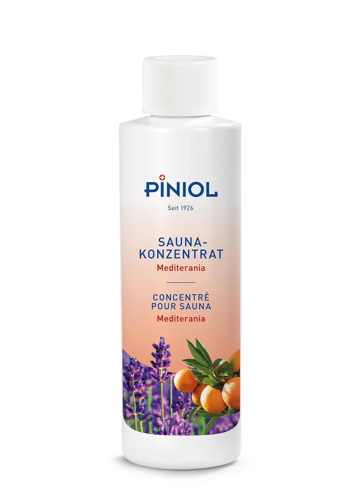 Flacon blanc « Piniol » – Concentré pour sauna «Mediterrania» avec bouchon blanc. Étiquette : fond orange, lavande violette, branche de feuilles vertes et oranges mûres. Pour revitaliser et favoriser le bien-être.