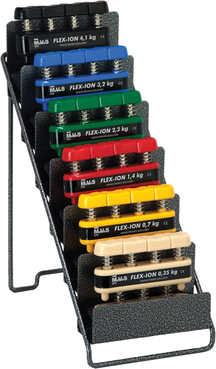 Six colour-coded Flex-Ion hand trainers on a black display stand. Arranged by resistance from beige (0.35 kg) to black (4.1 kg). Each has four spring-loaded buttons for finger strengthening, ideal for therapy.