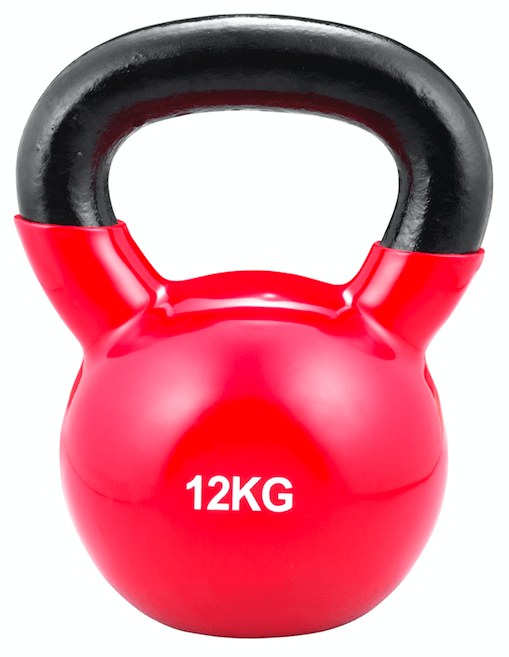 Kettlebell rouge vif avec une poignée robuste en fonte noire sur fond clair. L'inscription « 12KG » figure à l'avant en lettres blanches. La surface est lisse et légèrement brillante.