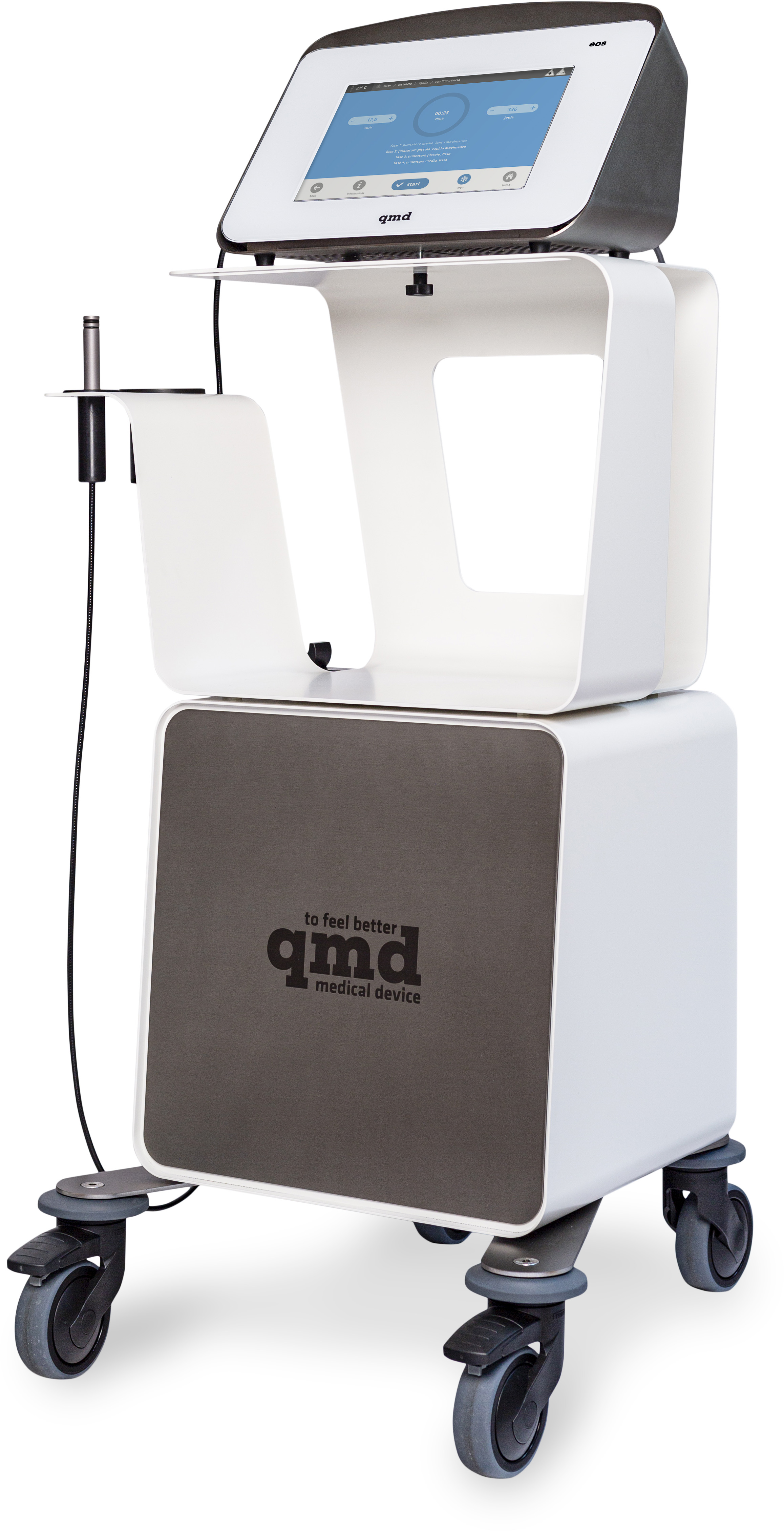 A modern white qmd eos laser therapy device on a trolley, featuring a large, angled touchscreen at the top (blue surface). A black laser probe is shown at the side. The qmd medical device logo is displayed at the bottom on a dark grey background.