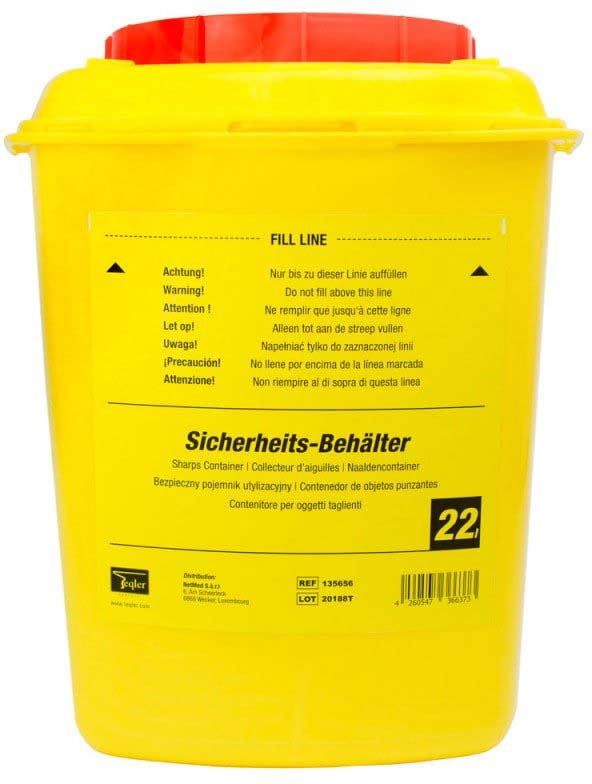 Gelber medizinischer Entsorgungsbehälter mit rotem Deckel zur sicheren Entsorgung spitzer und scharfer Abfälle wie Kanülen, Skalpellen oder benutzten Teststreifen. Mit Warnhinweisen, Füllstandsmarkierung, Aufschrift „Sicherheits-Behälter“, 22 l.
