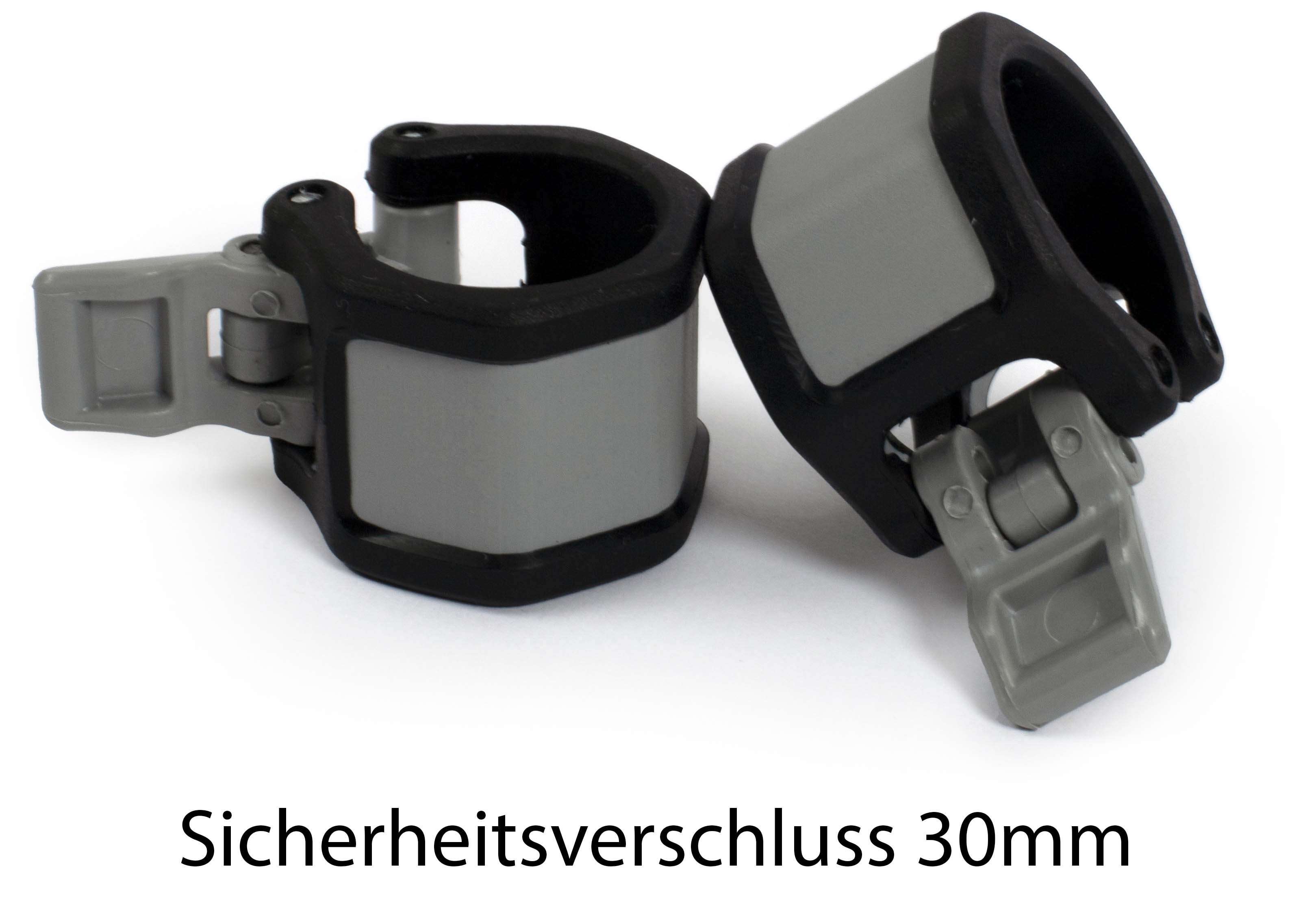 Deux verrous de sécurité gris dotés d'un mécanisme de serrage noir sont représentés sur un fond blanc. Destinés aux barres d'haltères de 30 mm, ils permettent de fixer rapidement et en toute sécurité les disques de poids pendant l'entraînement.