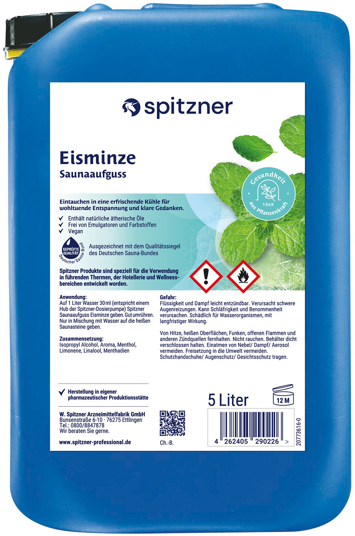Bidon bleu 5 L d’infusion sauna menthe glacée « Spitzner ». Étiquette blanche : nom du produit, feuilles de menthe vertes, label « La santé grâce aux plantes », mentions d’huiles essentielles naturelles, label qualité. Avertissements en bas.