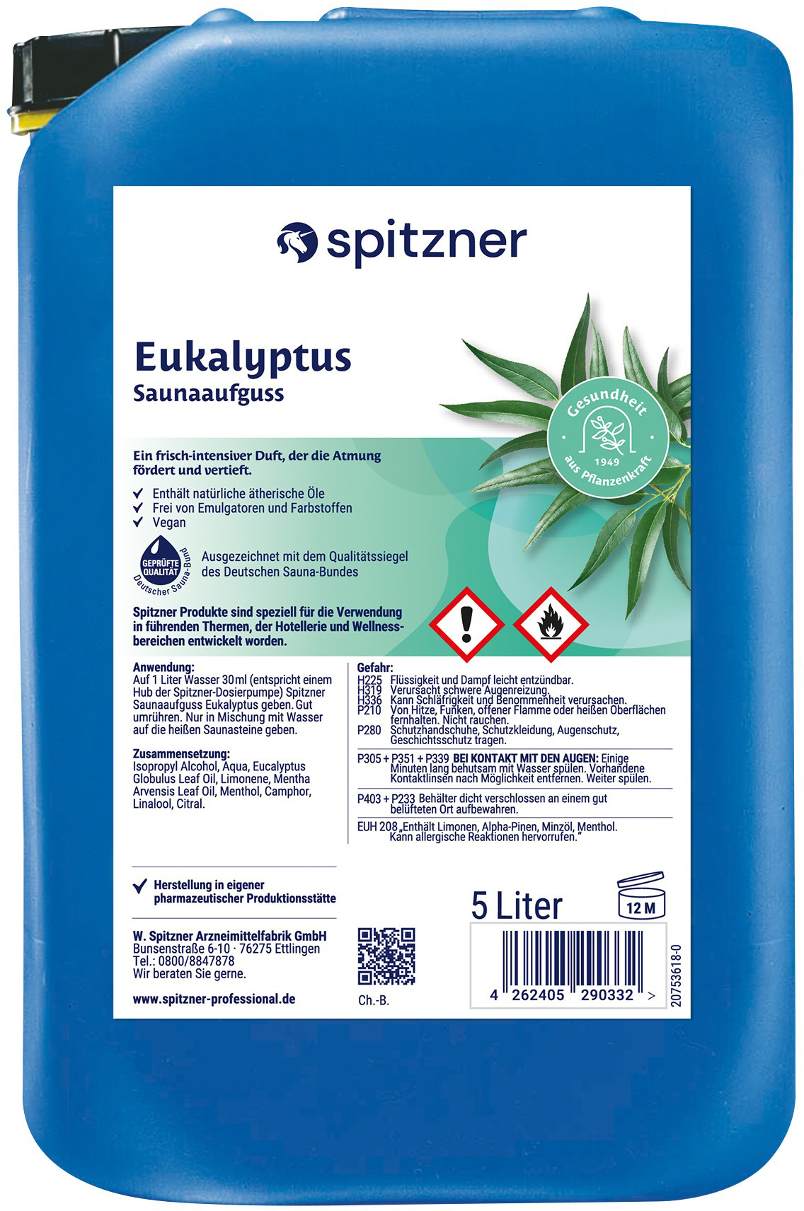 Bidon bleu de 5 L d’infusion sauna à l’eucalyptus « Spitzner ». Étiquette blanche : parfum frais, huiles essentielles naturelles, formule végane, label qualité Fédération allemande du sauna. Symboles d’avertissement visibles.