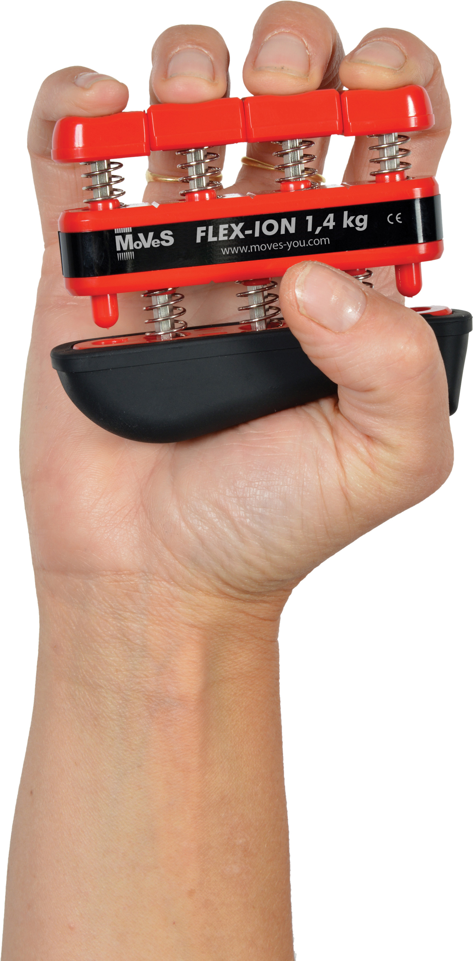 One hand holds a red and black Moves Flex-Ion hand trainer with four spring-loaded buttons to strengthen individual fingers. The centre reads ‘FLEX-ION 1.4 kg’. Ideal for rehabilitation after hand injuries and building finger strength.