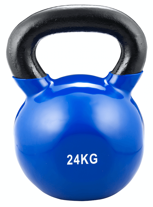 Kettlebell bleue avec poignée moulée noire robuste. Sur le corps sphérique en vinyle, l'inscription « 24 kg » est visible en lettres blanches. Appareil de fitness pour force, souplesse et coordination.