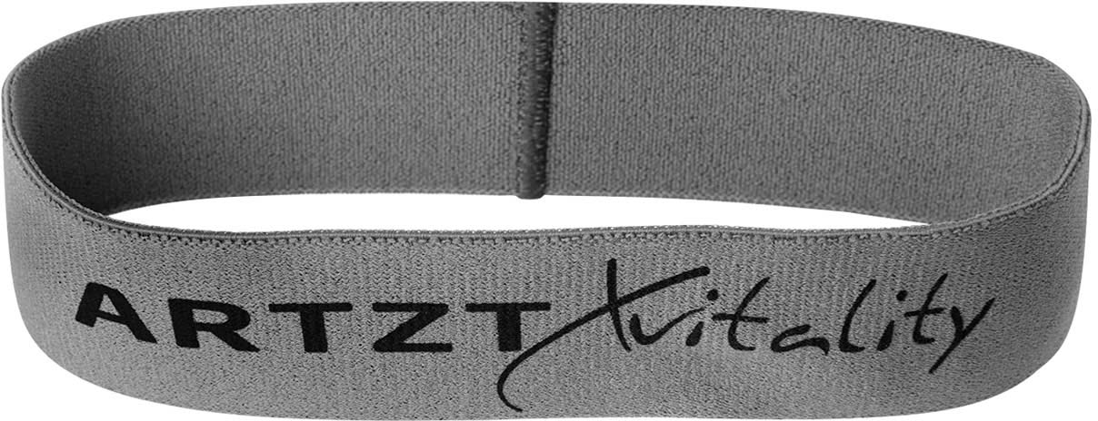 Grey fitness loop band made from woven fabric by Artzt Vitality, loop-shaped on a white background. Fine woven texture with black ‘Artzt Vitality’ lettering. Soft, durable, ideal for functional strength training, and suitable for people with allergies.