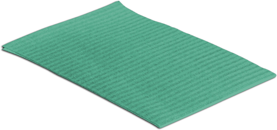 Mintgrüne Einmal-Patientenserviette, leicht gebogen und diagonal auf weissem Grund. Rechteckig mit sichtbarer feiner Streifenprägung für Saugfähigkeit. Grösse 33 x 45 cm, rückseitig PE-beschichtet.