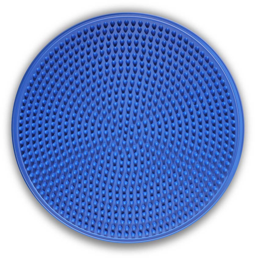A blue, round Bamusta Coxim balance cushion with a fully textured surface. Numerous small, cone-shaped nubs are evenly distributed, providing a stimulating, non-slip texture for exercises and sitting.