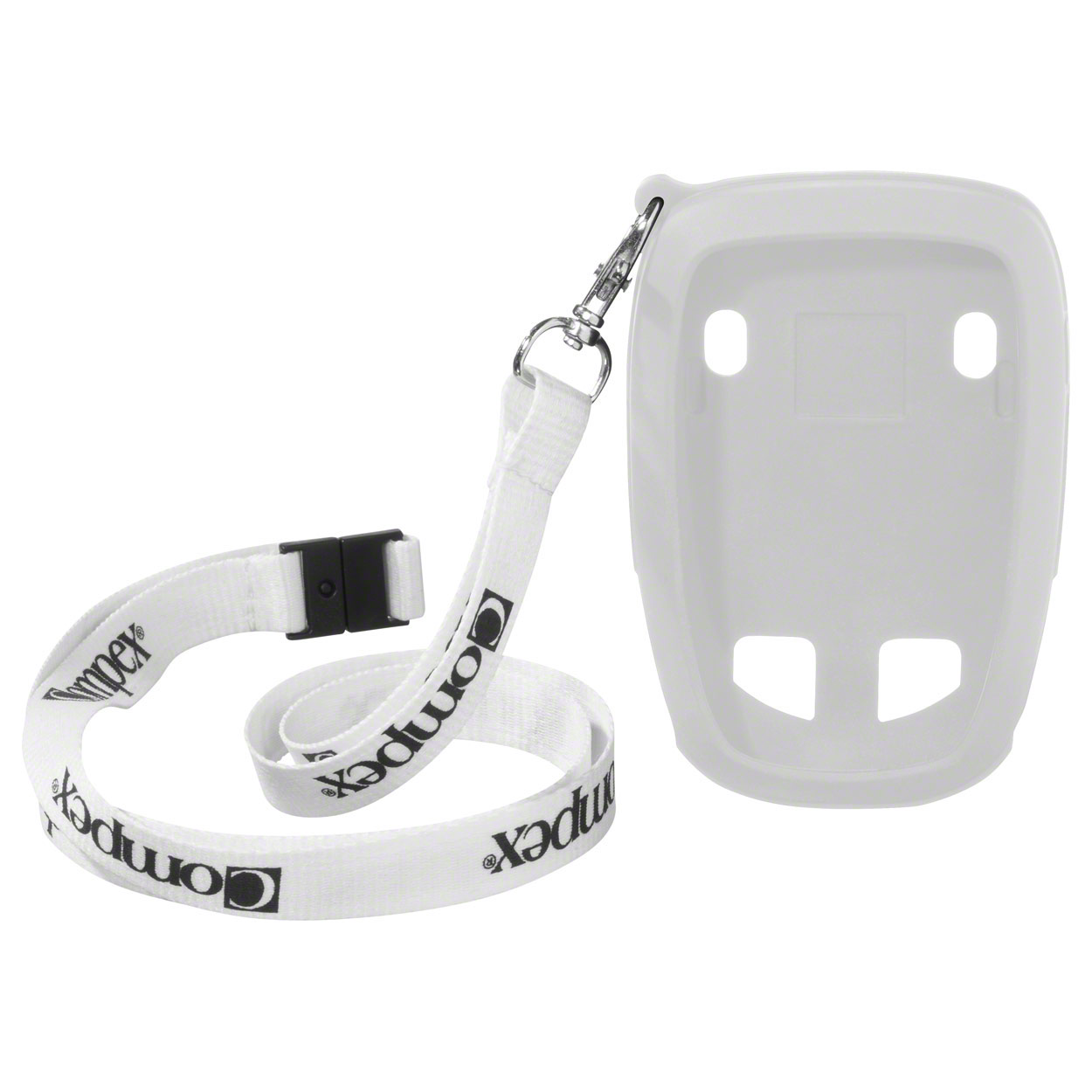 White protective and carrying case for a Compex, with a matching white shoulder strap. The strap features the black ‘ Compex ’ logo and is attached to the case via a metal carabiner. The case has cut-outs for controls and ports.