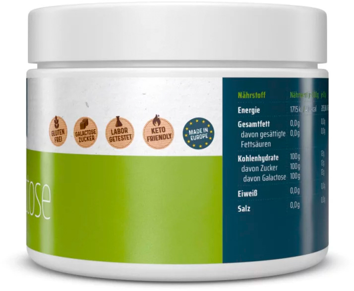 Weisser Behälter D+ Galactose Pulver. Etikett: glutenfrei, Galactose Zucker, laborgetestet, ketofreundlich, Made in Europe. Nährwerte/100g: 100g Kohlenhydrate (Galactose), 0g Fett, Eiweiss, Salz. Rein.