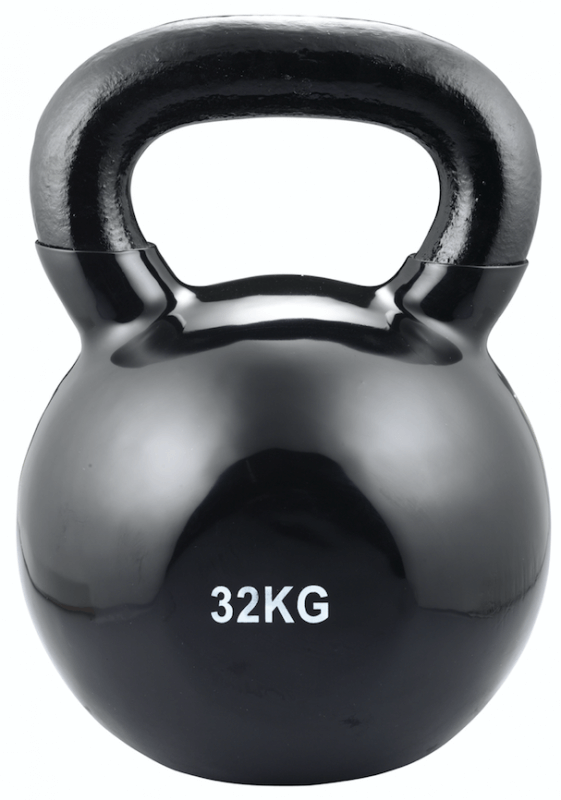 Kettlebell noire avec revêtement en vinyle brillant et poignée moulée robuste. Le poids « 32 kg » est indiqué en lettres blanches sur la face avant. Appareil d'entraînement destiné à la musculation et à la coordination.