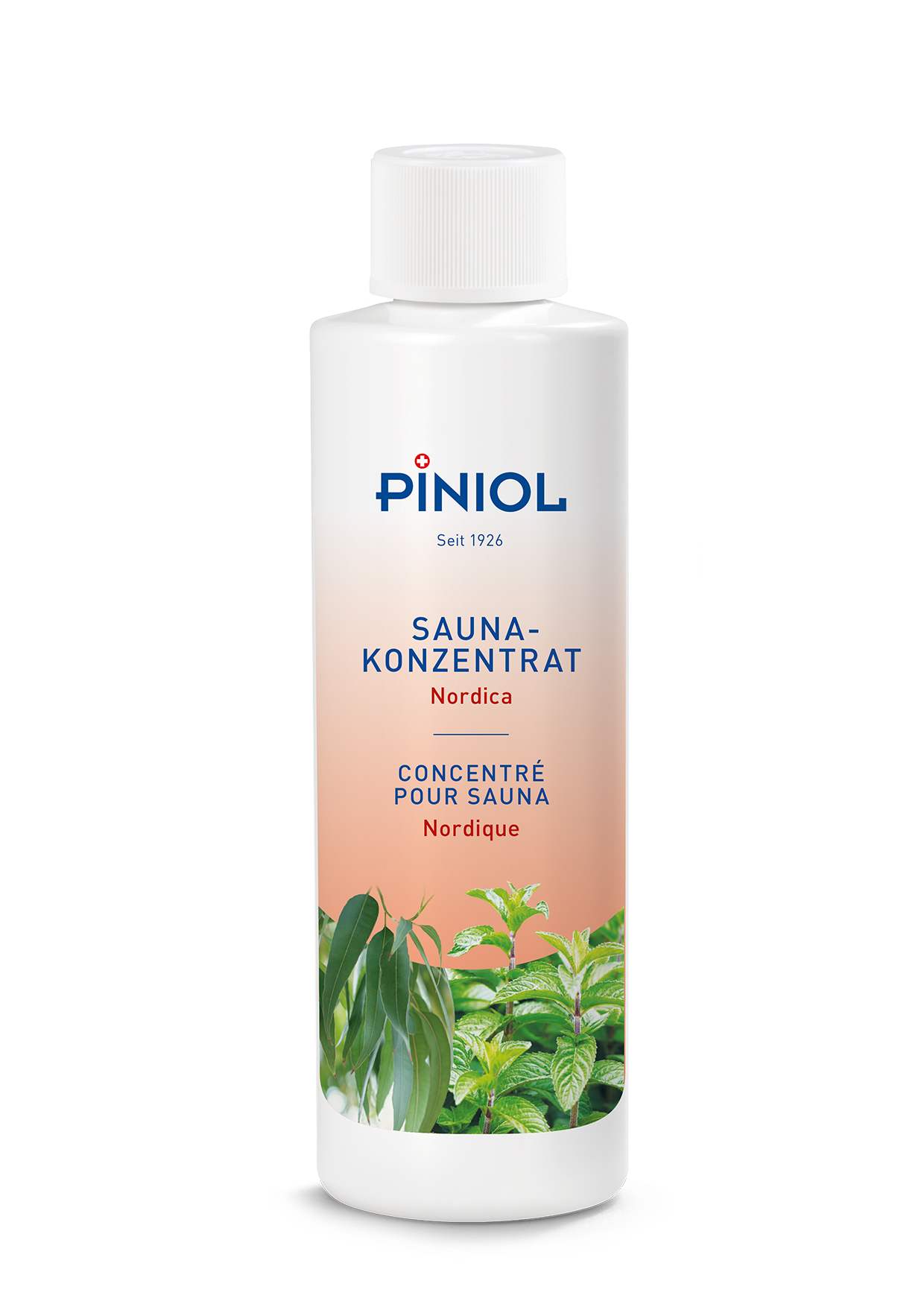 Bouteille blanche de concentré pour sauna Nordica « Piniol » avec bouchon à vis, posée à la verticale. Étiquette dégradée pêche avec nom de la marque. En bas, feuilles vertes type eucalyptus et menthe, évoquant la fraîcheur.