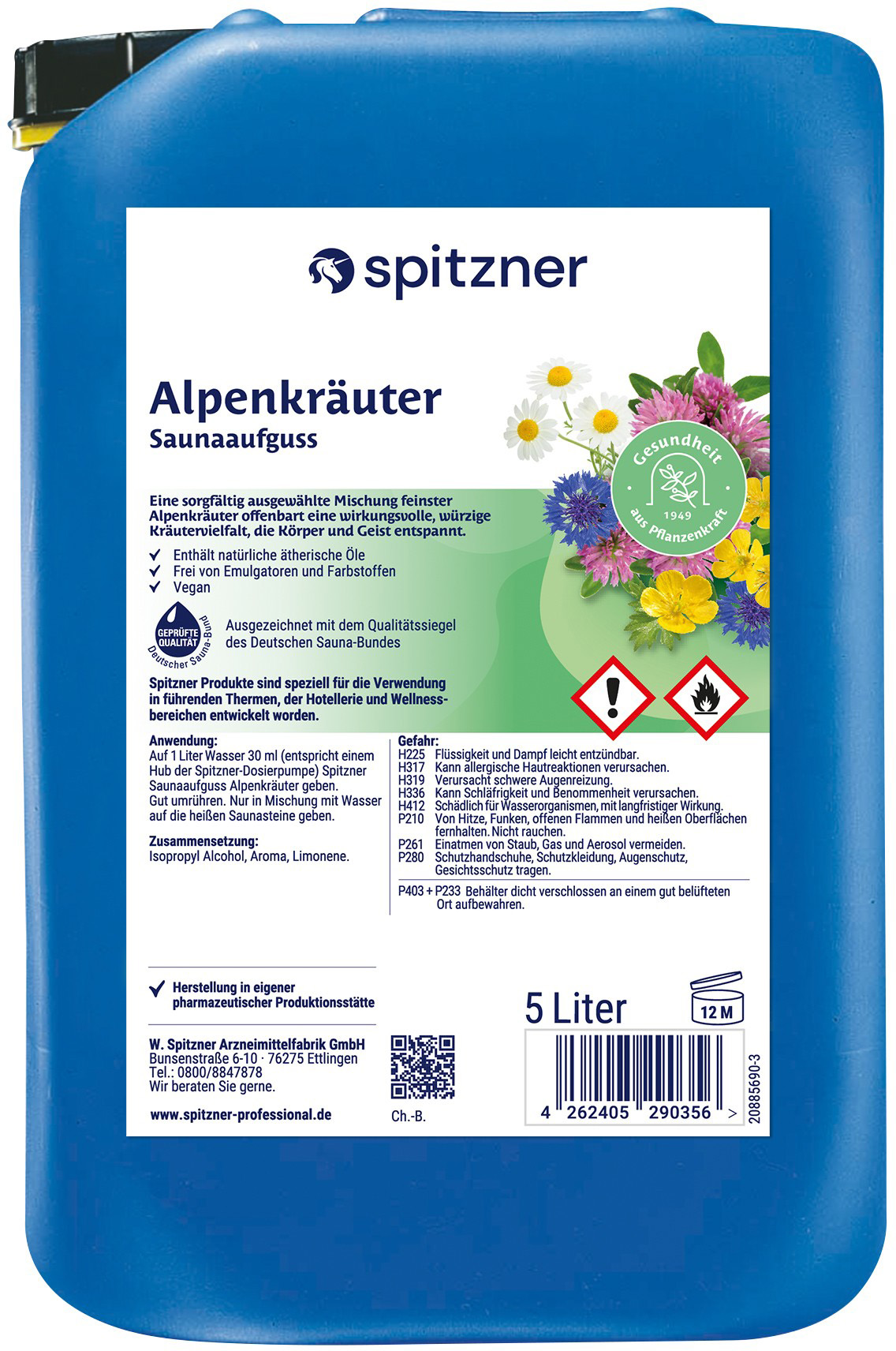 Bidon bleu 5 L d’infusion sauna aux herbes alpines « Spitzner ». Étiquette blanche : nom du produit, logo « Spitzner », illustration (pâquerettes, trèfle, bleuets), avertissements, ingrédients, symboles de danger.