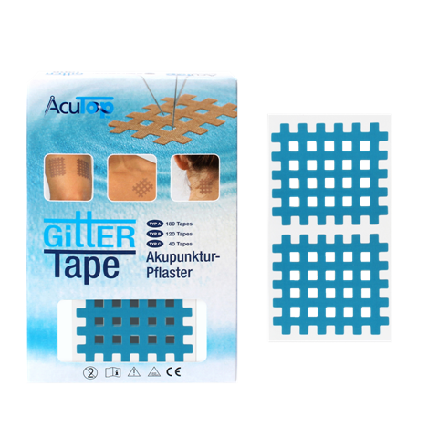 Blau-weisse Verpackung des AcuTop Gittertapes. Die Schachtel zeigt beigefarbene Gitterpflaster auf Knie, Schulter und Nacken. Rechts daneben liegen zwei blaue, rasterförmige Akupunkturpflaster mit Öffnungen.