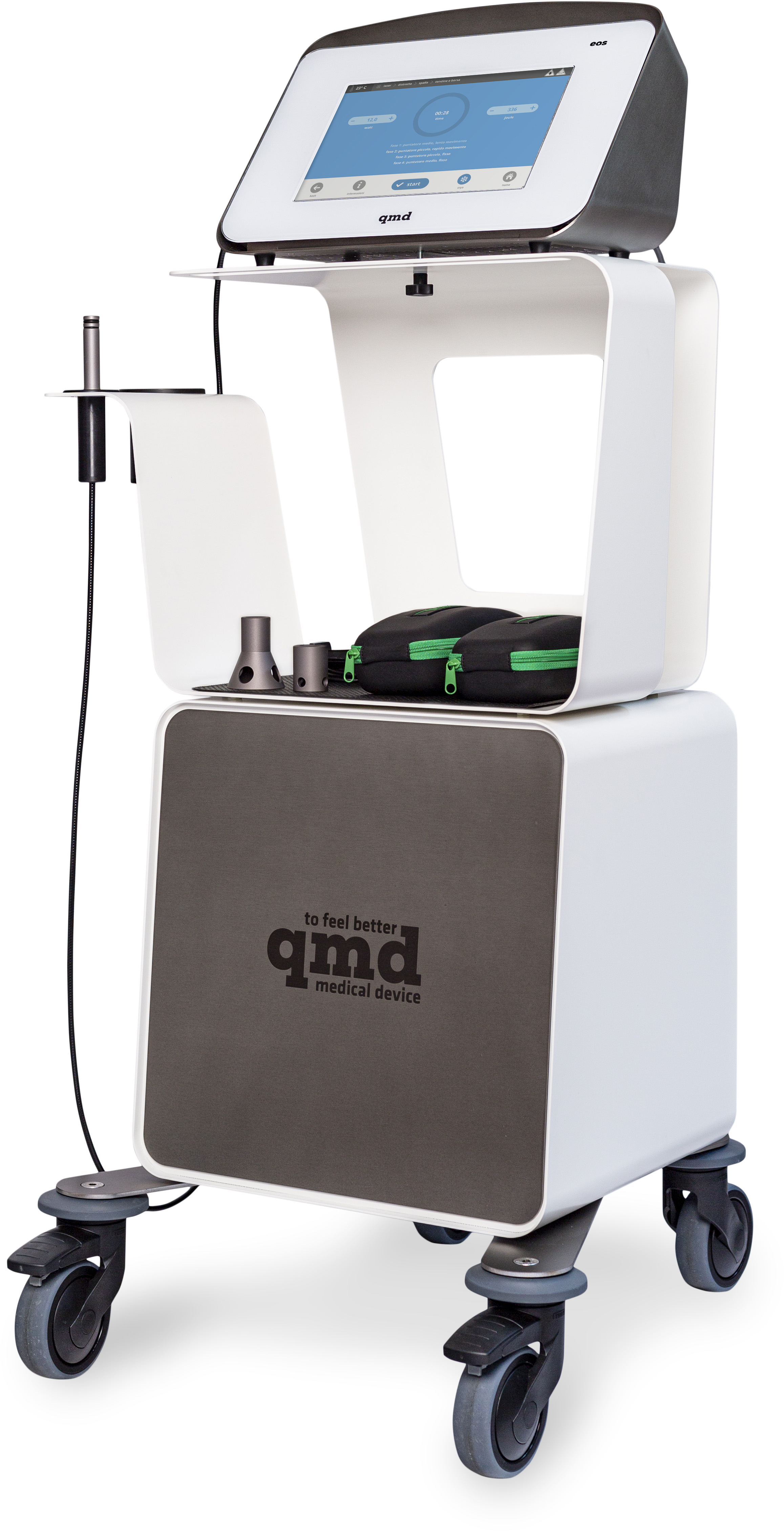 Modern, white-and-grey qmd® eos laser therapy device on a trolley. Touchscreen at the top for therapy parameters. Laser applicators and accessory pouches in the open compartment. Laser handpiece on the side. ‘qmd medical device’ logo at the bottom.
