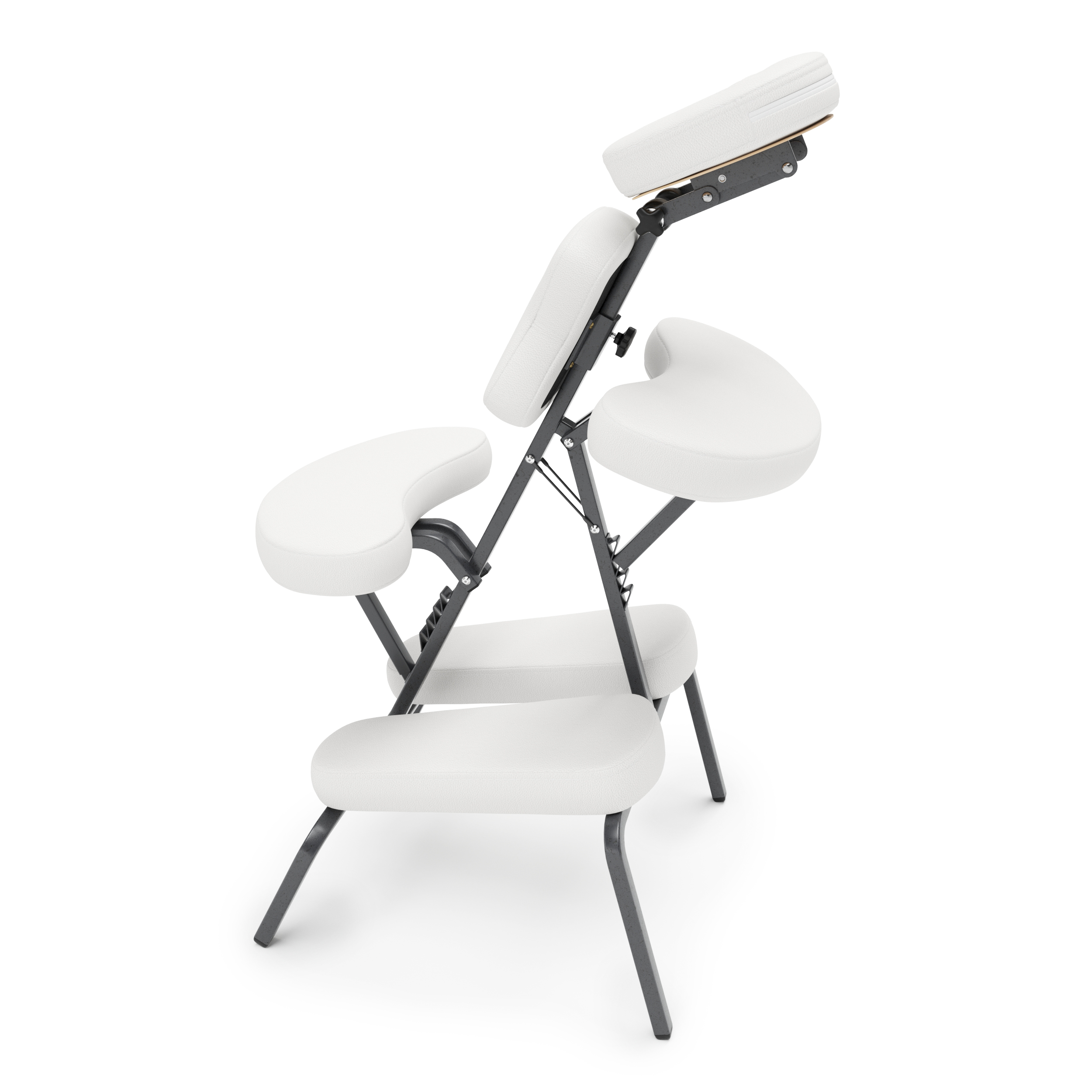 Poltrona da massaggio ergonomica e pieghevole, bianca con struttura in metallo scuro, pronta all’uso. Con cuscini imbottiti e regolabili per testa, torace, braccia e ginocchia, per comfort in massaggi, estetica o tatuaggi.