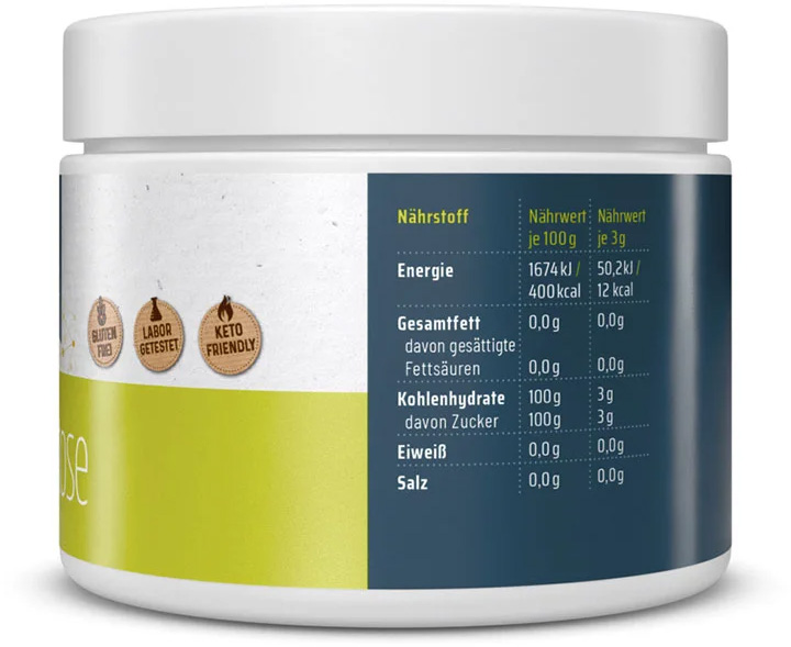 Back of D‑tagatose box. Nutrition/100g: 400 kcal; fat 0g; carbs 100g (sugars 100g); protein 0g; salt 0g. Labels: gluten‑free, lab tested, keto friendly.