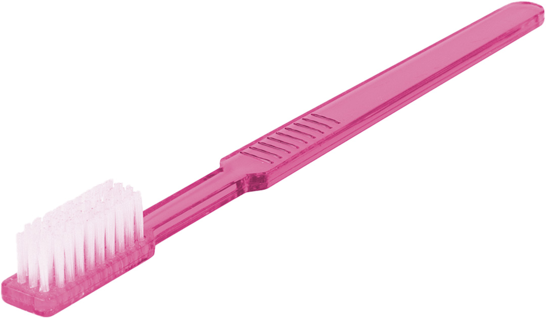 Pinkfarbene Einmal-Zahnbürste mit weissem Borstenfeld und länglichem, transparentem Griff mit gerillter Struktur für besseren Halt. Ideal für den einmaligen Gebrauch in Praxen oder Kliniken, oft mit Zahnpasta imprägniert.