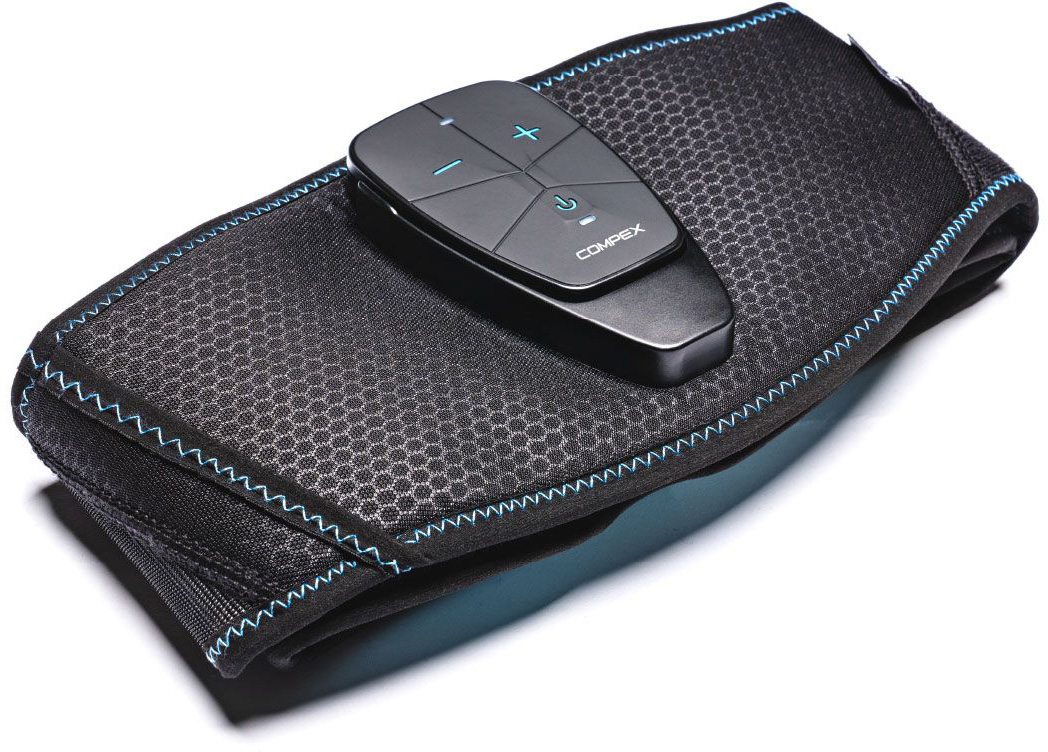 Compex ’s black CoreBelt 5.0 muscle stimulation belt, viewed at a slight angle from above. Textured honeycomb surface, blue decorative stitching. Detachable control unit with illuminated blue buttons for intensity control and a logo.