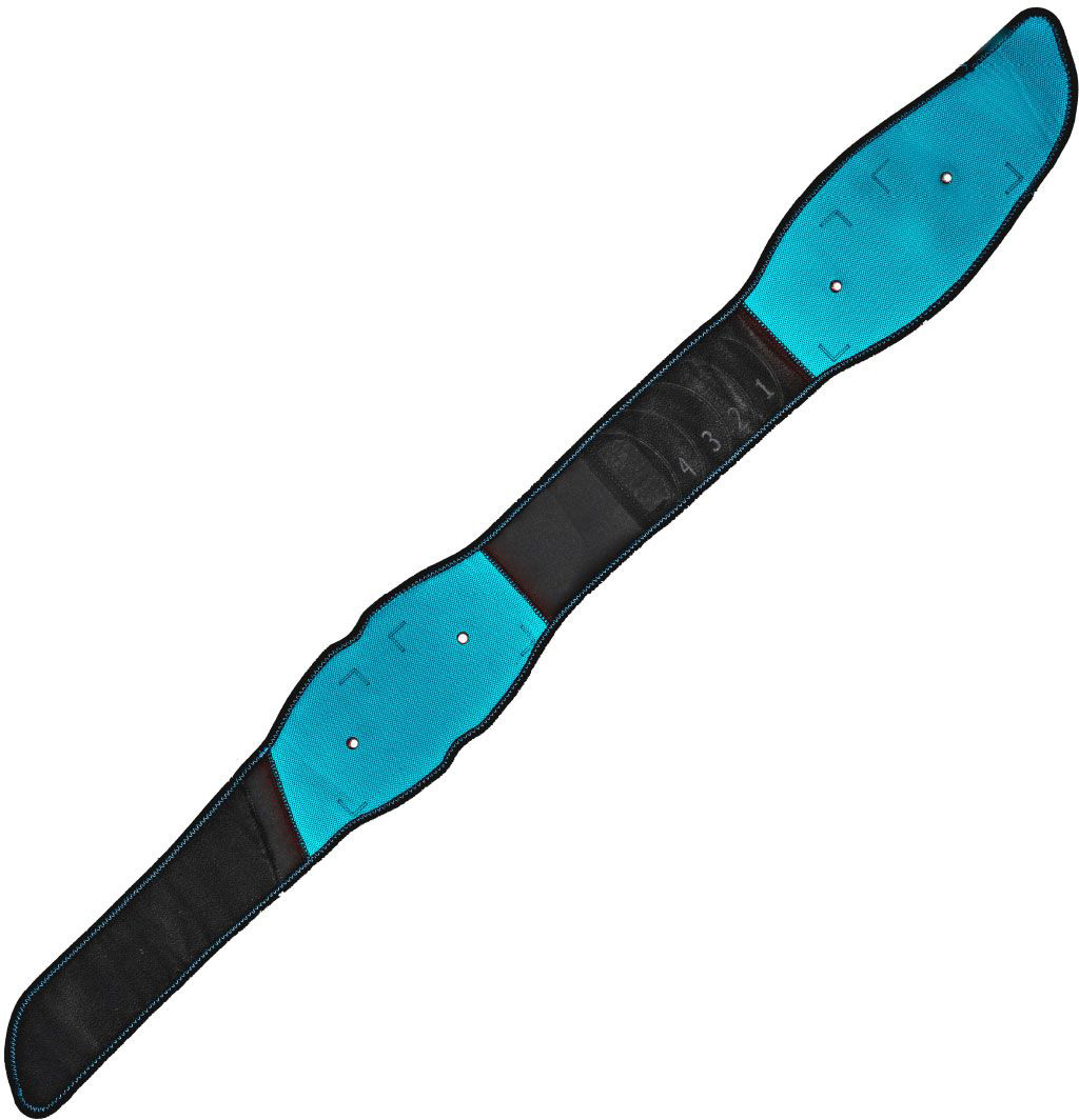 Long, black ‘ Compex ’ CoreBelt muscle stimulation belt with wide, light blue electrode pads. The numbers 1 to 4 are printed on a black strip in the centre. Slightly curved to strengthen the abdominal and back muscles.