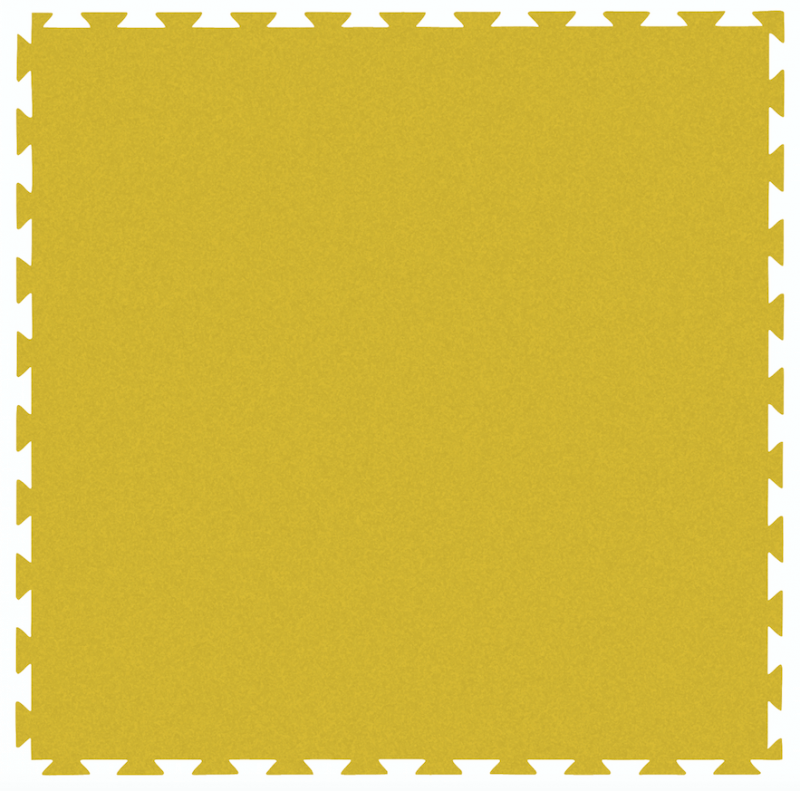 Square, mustard-yellow floor protection mat with a fine texture and interlocking puzzle-shaped edges on all four sides. Point-elastic, gentle on the joints and noise-reducing, ideal for gyms, therapy rooms or children’s bedrooms.
