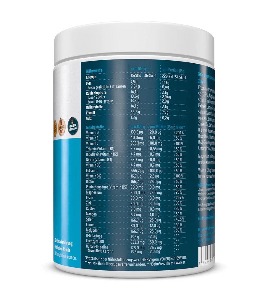 Récipient cylindrique blanc Essentia Shake avec étiquette bleu foncé. Elle affiche tableaux nutritionnels et ingrédients (vitamines, minéraux, D-galactose). À gauche : « SANS LACTOSE » et « FABRIQUÉ EN ALLEMAGNE ».