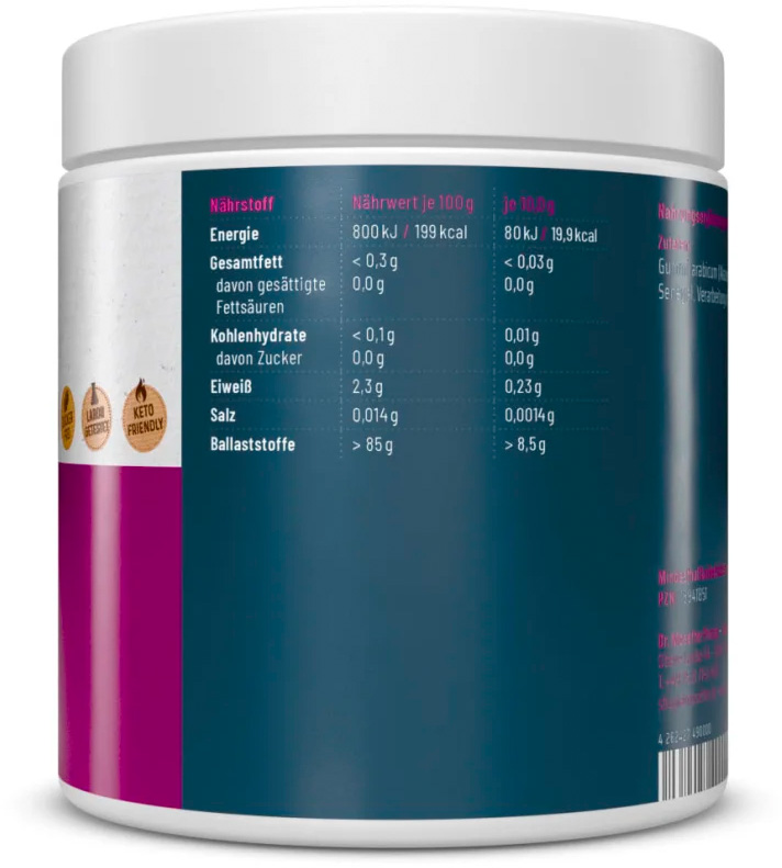 Retro confezione bianca di fibra di acacia in polvere Dr. Mosetter. Tabella nutrizionale blu (per 100 g/10 g) con valori di energia, grassi, carboidrati, proteine, sale e fibre. Simboli: testato in laboratorio, adatto a dieta chetogenica.