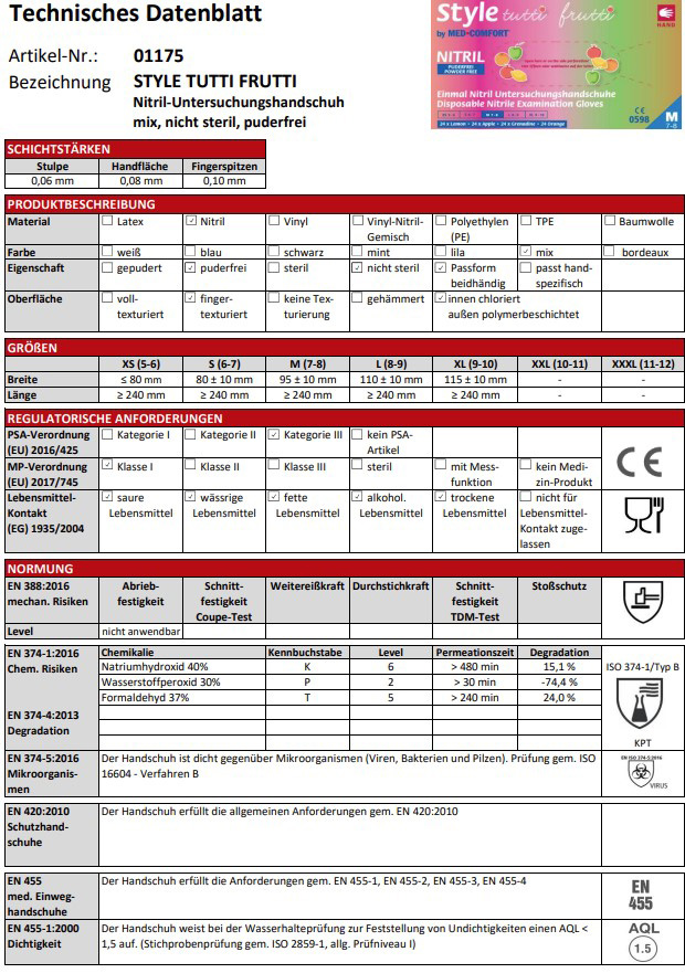Fiche technique des gants jetables en nitrile non poudrés Style tutti frutti : propriétés du matériau, tailles XS à XL, domaines d'application (agroalimentaire, médical, industriel), marquage CE et conformité aux normes EN 455/EN 374.