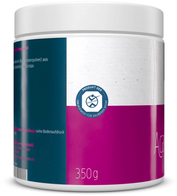 Barattolo cilindrico bianco con tappo a vite bianco, contenente polvere di fibra di acacia. Etichetta a sinistra blu scuro, a destra magenta, con le scritte «Acacia» e «350 g» in bianco. Sigillo rotondo blu e bianco «Kölner Liste».