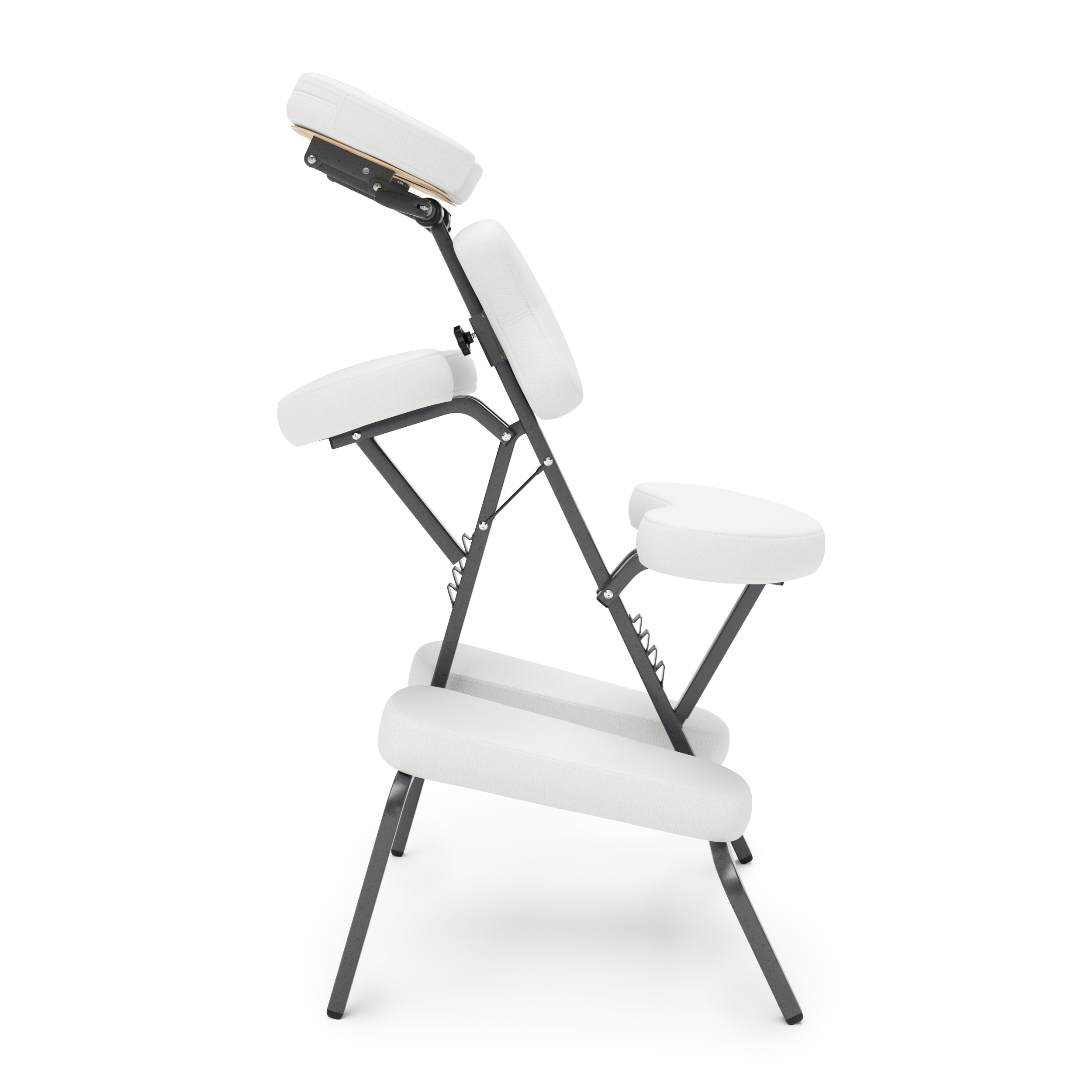 Poltrona da massaggio ergonomica e pieghevole con imbottitura bianca su struttura in metallo scuro. Dotata di cuscini imbottiti regolabili per testa, torace, glutei e braccia. Ideale per massaggi o trattamenti estetici.