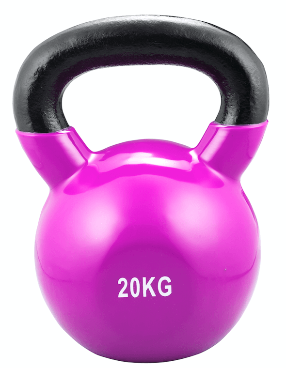 Une kettlebell brillante, de couleur magenta-violet, dotée d'une poignée en fonte noire, se détache sur un fond blanc. L'inscription « 20 kg » en blanc est visible à l'avant. Revêtement en vinyle, idéale pour l'entraînement de force et de coordination.