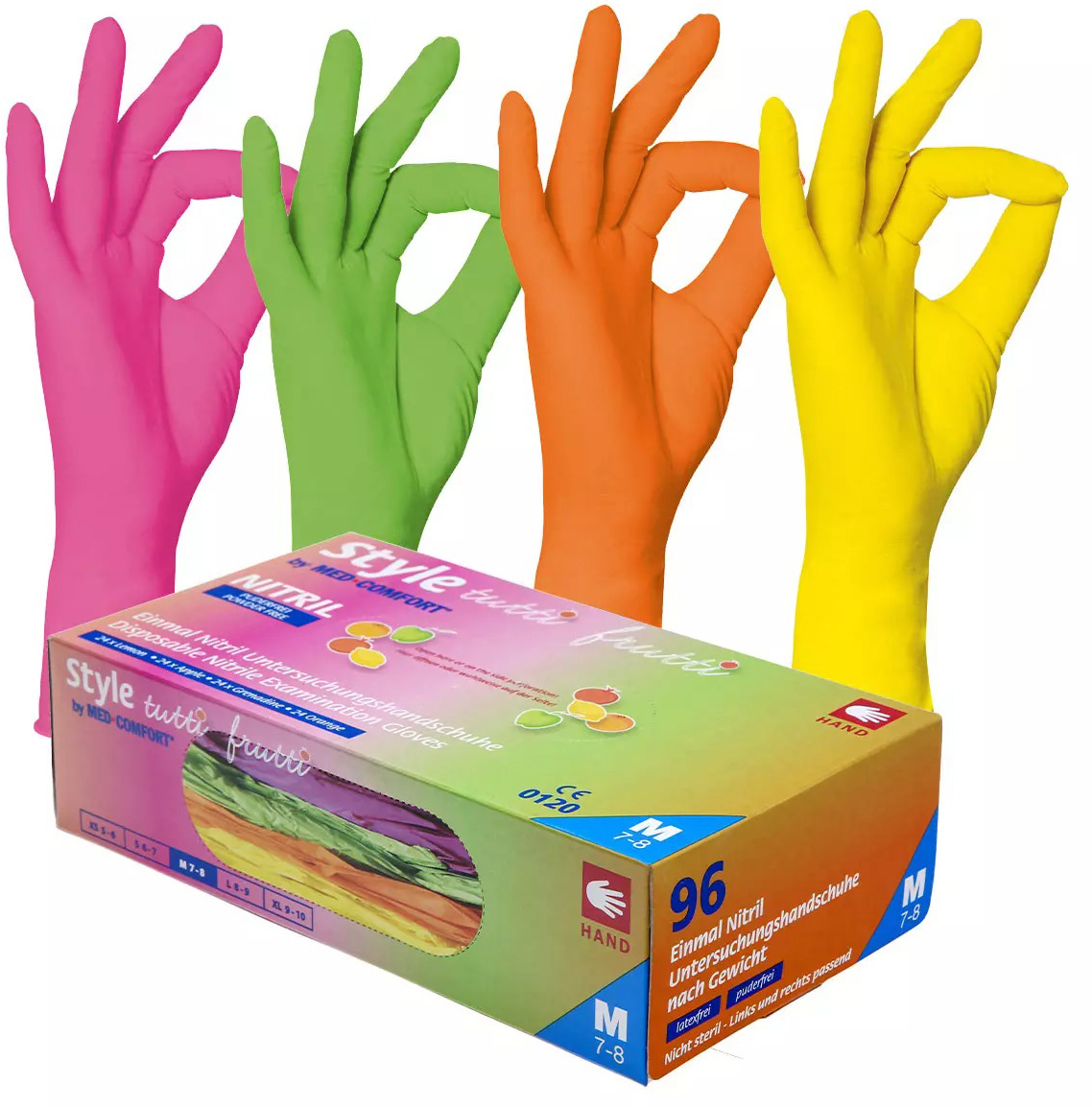 Un paquet de gants jetables en nitrile multicolores de la marque Style tutti frutti. En arrière-plan, quatre mains portant des gants roses, verts, orange et jaunes, toutes faisant le signe « OK ». Non poudrés, sans latex, assortiment de couleurs.