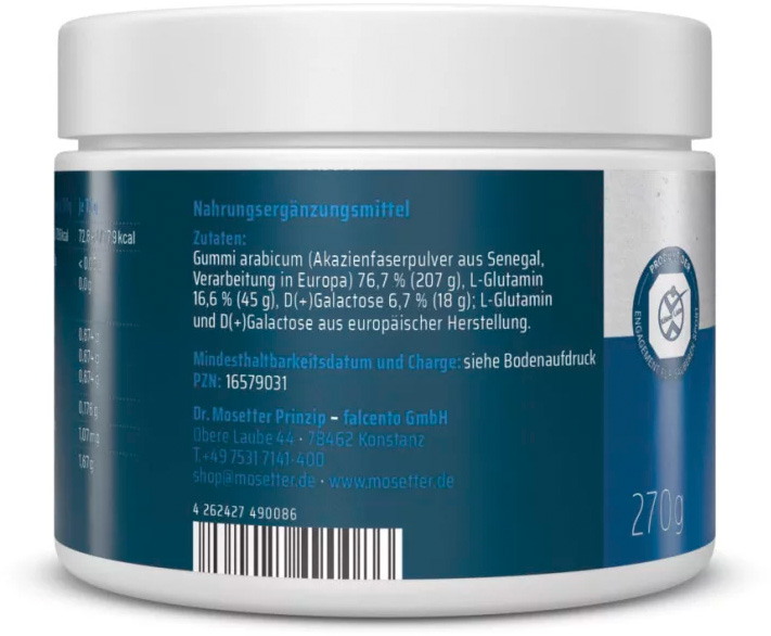 Dos d'une boîte blanche contenant le complément alimentaire T04 Sakara. L'étiquette bleue mentionne la poudre de fibres d'acacia, la L-glutamine et le D-galactose, avec indication des quantités. Contenance : 270 g, fabricant : Dr. Mosetter Prinzip.