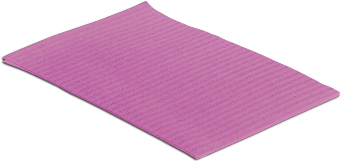 Magenta, rechteckige Einmal-Patientenserviette, leicht gewellt auf weissem Hintergrund. Sichtbare gerippte Papierstruktur, Masse 33 x 45 cm. Hygieneschutz vor Flüssigkeiten/Spritzern bei Behandlungen, Rückseite PE-beschichtet.