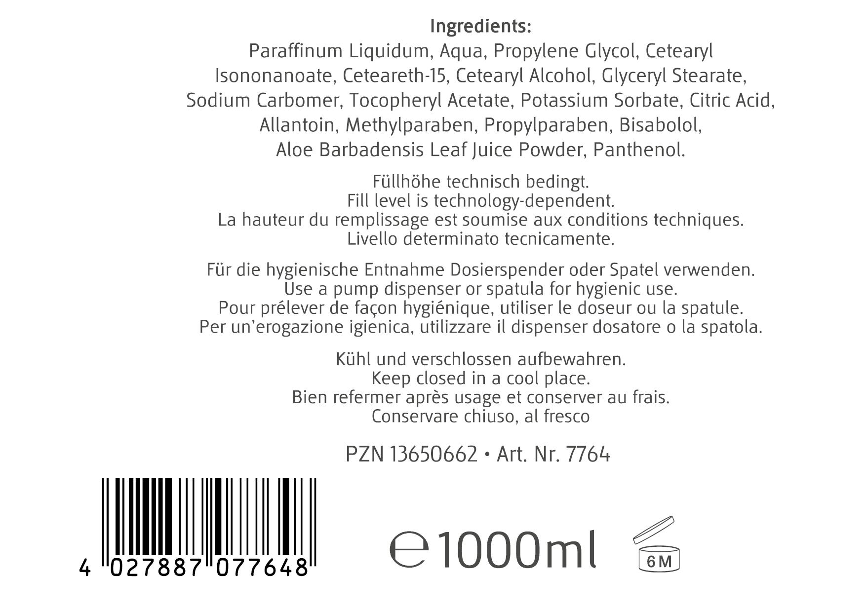 Etichetta crema da massaggio 1L: ingredienti completi; indicazioni per prelievo igienico (dosatore/spatola) e conservazione al fresco. Nota sul livello di riempimento per motivi tecnici. In basso: barcode, e1000ml, 6M.