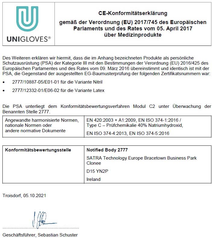 CE-Konformitätserklärung von UNIGLOVES für Nitril- und Latexhandschuhe: bestätigt EU-Konformität für PSA Kat. III und Medizinprodukte (2017/745), Normen EN 374/EN 455, Prüfstelle 2777. Unterschrift: Sebastian Schuster.