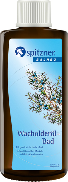Flacon rectangulaire brun foncé, bouchon à vis blanc. Étiquette bleu clair avec logo « Spitzner BALNEO » et branche de genévrier à baies bleues. Texte : « Bain à l'huile de genévrier », pour douleurs musculaires et articulaires.
