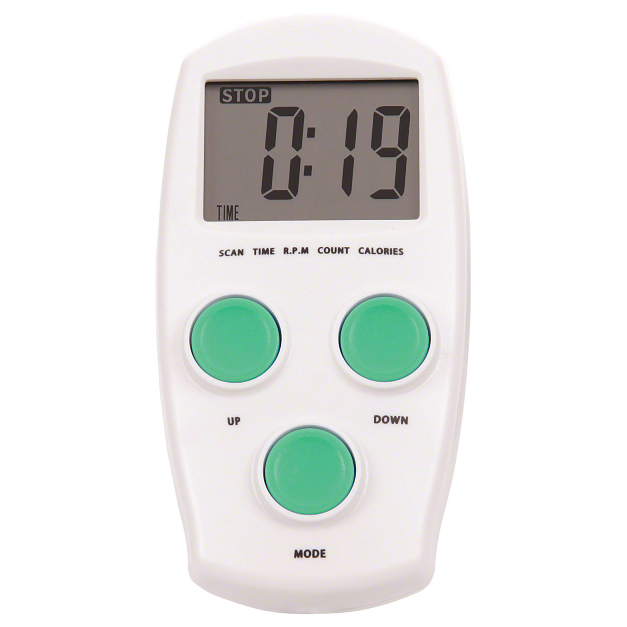 Weisses, längliches Bedienfeld für Arm- und Beintrainer mit schwarzem LCD, zeigt "0:19" und "STOP". Darunter Optionen "SCAN", "TIME", "R.P.M", "COUNT", "CALORIES". Drei grüne Tasten: "UP", "DOWN" und "MODE".